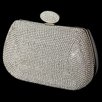 Silver Clear Rhinestone Encrusted Front Evening Bag with Link Chain