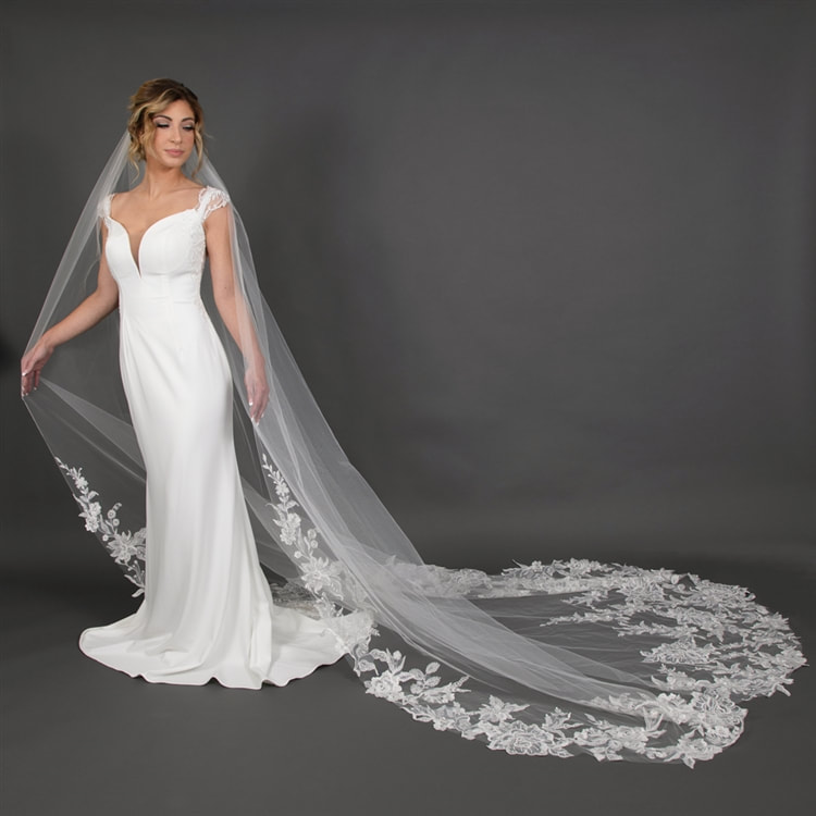 Cathedral Length Lace Veil Lightly Beaded with Rhinestones